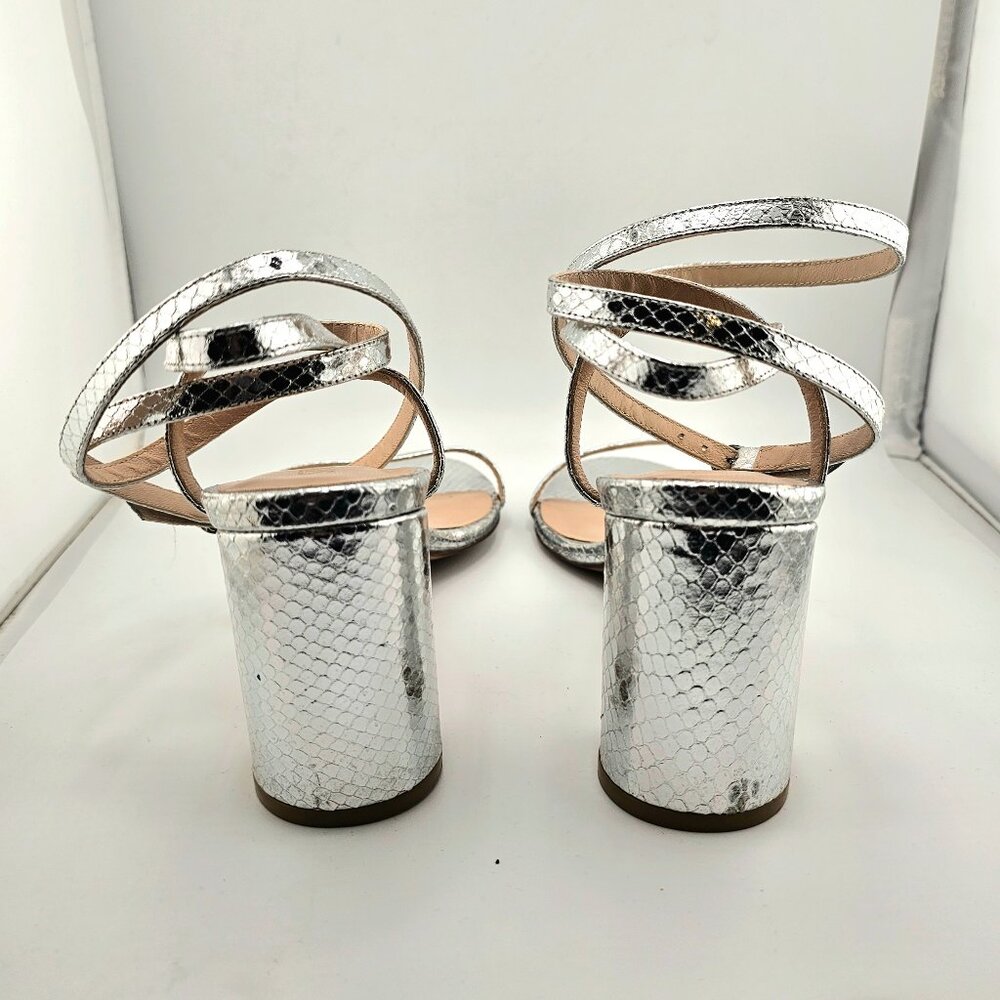 Stuart Weitzman Metallic Snakeskin Block Heel Sandal Size 9.5 Silver Ankle Wrap - Picture 6 of 11